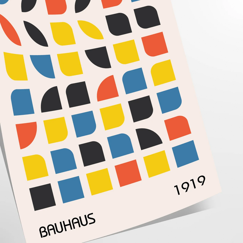 Bauhaus style abstract design with dynamic shapes in orange and blue