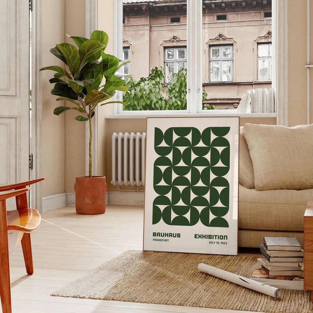 Abstract Bauhaus-inspired design with geometric shapes in gray and green - in a Parisian living room with a sofa and a fig plant