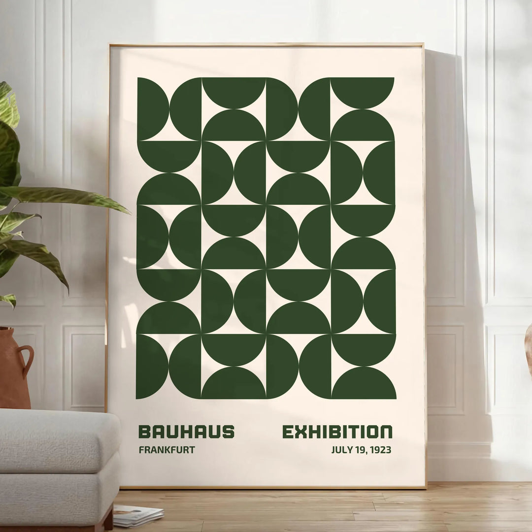 Abstract Bauhaus-inspired design with geometric shapes in gray and green - in a bright minimalist room with a plant and an armchair