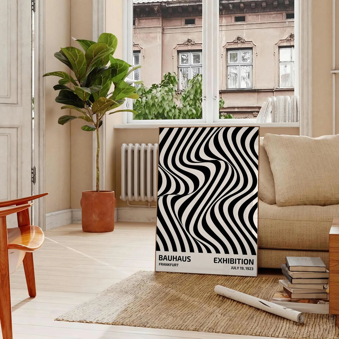Abstract geometric shapes in Bauhaus style with bold primary colors - in a Parisian living room with a sofa and a fig plant