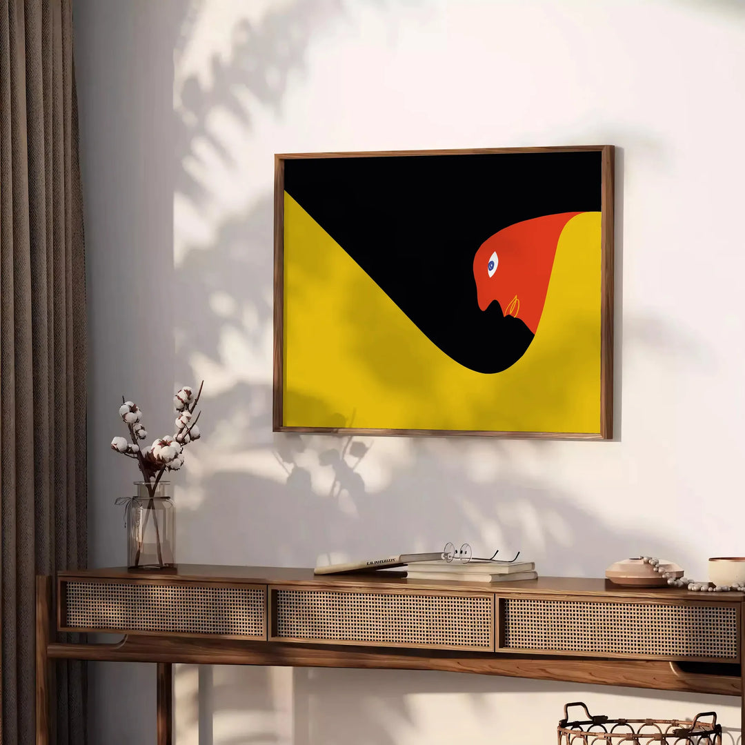 Abstrakcyjny design Bauhaus z geometrycznymi kształtami w czerni i pomarańczy - na blacie z eukaliptusem i miską cytryn
