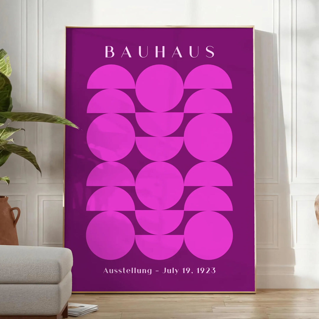 Geometric shapes and lines in Bauhaus style with a minimalist color palette - in a bright minimalist room with a plant and an armchair