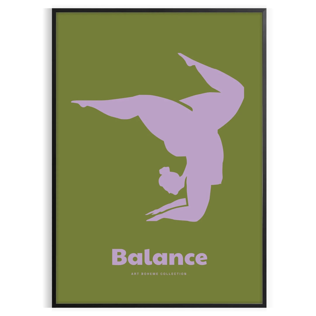 Poster showing minimalist yoga balance silhouette in green and blue watercolor