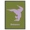 Poster showing minimalist yoga balance silhouette in green and blue watercolor - in a black frame
