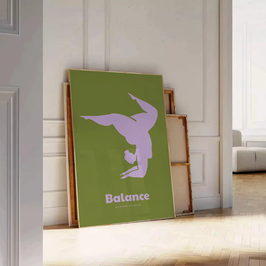 Poster showing minimalist yoga balance silhouette in green and blue watercolor - leaning on a herringbone floor against a white panelled wall