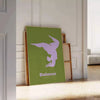 Poster showing minimalist yoga balance silhouette in green and blue watercolor - leaning on a herringbone floor against a white panelled wall