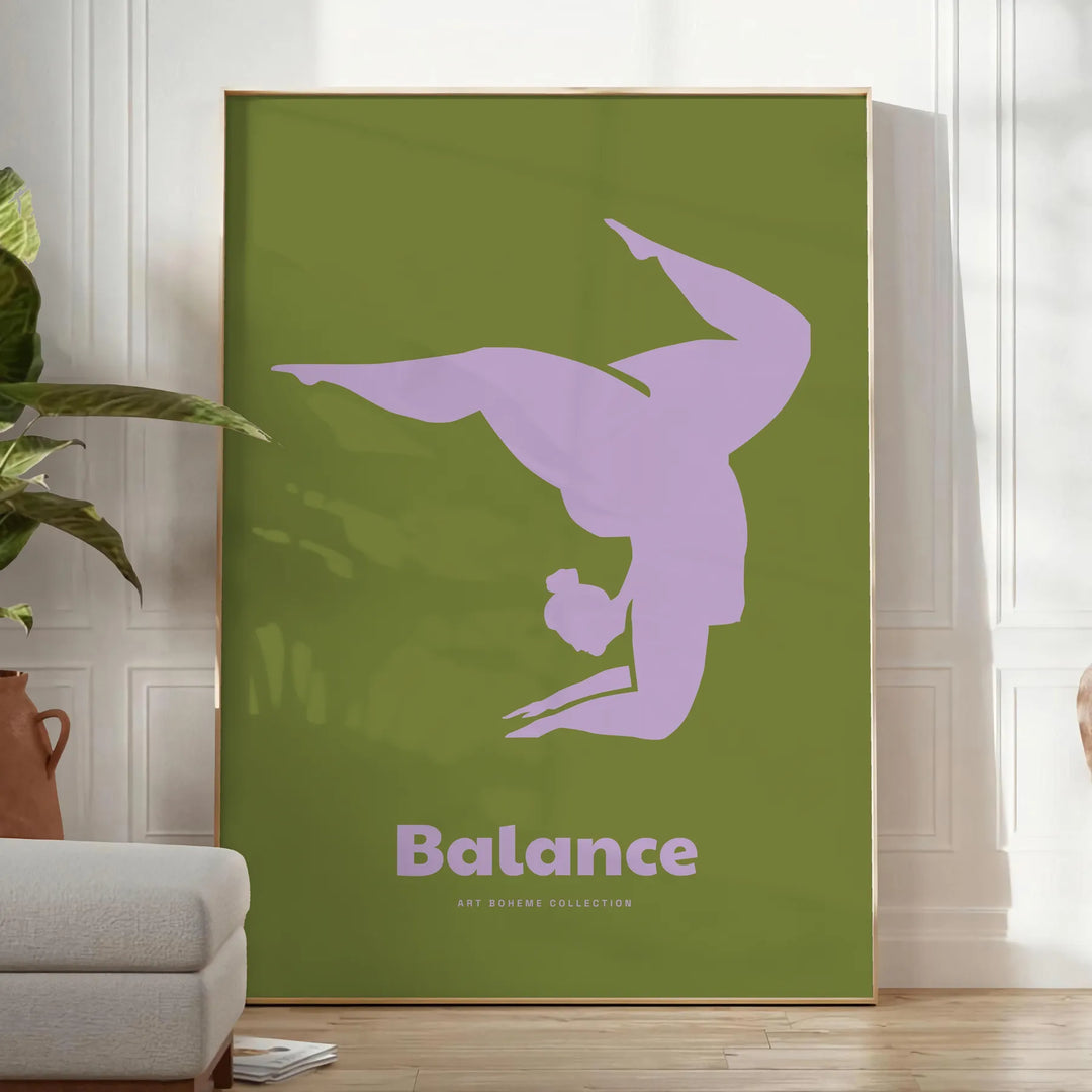 Poster showing minimalist yoga balance silhouette in green and blue watercolor - in a bright minimalist room with a plant and an armchair