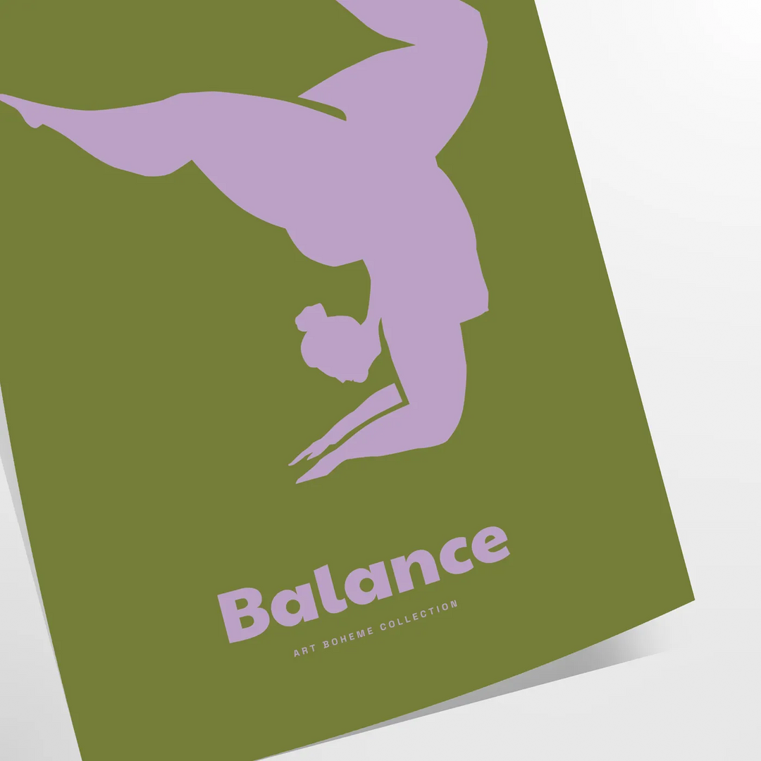 Poster showing minimalist yoga balance silhouette in green and blue watercolor
