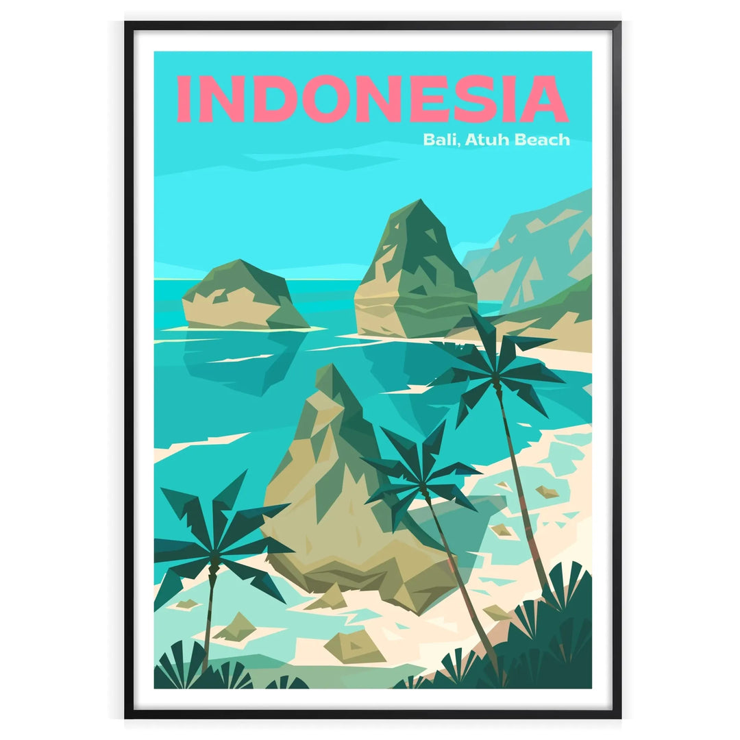 Bali beach poster with minimalist blue waves and warm brown sand