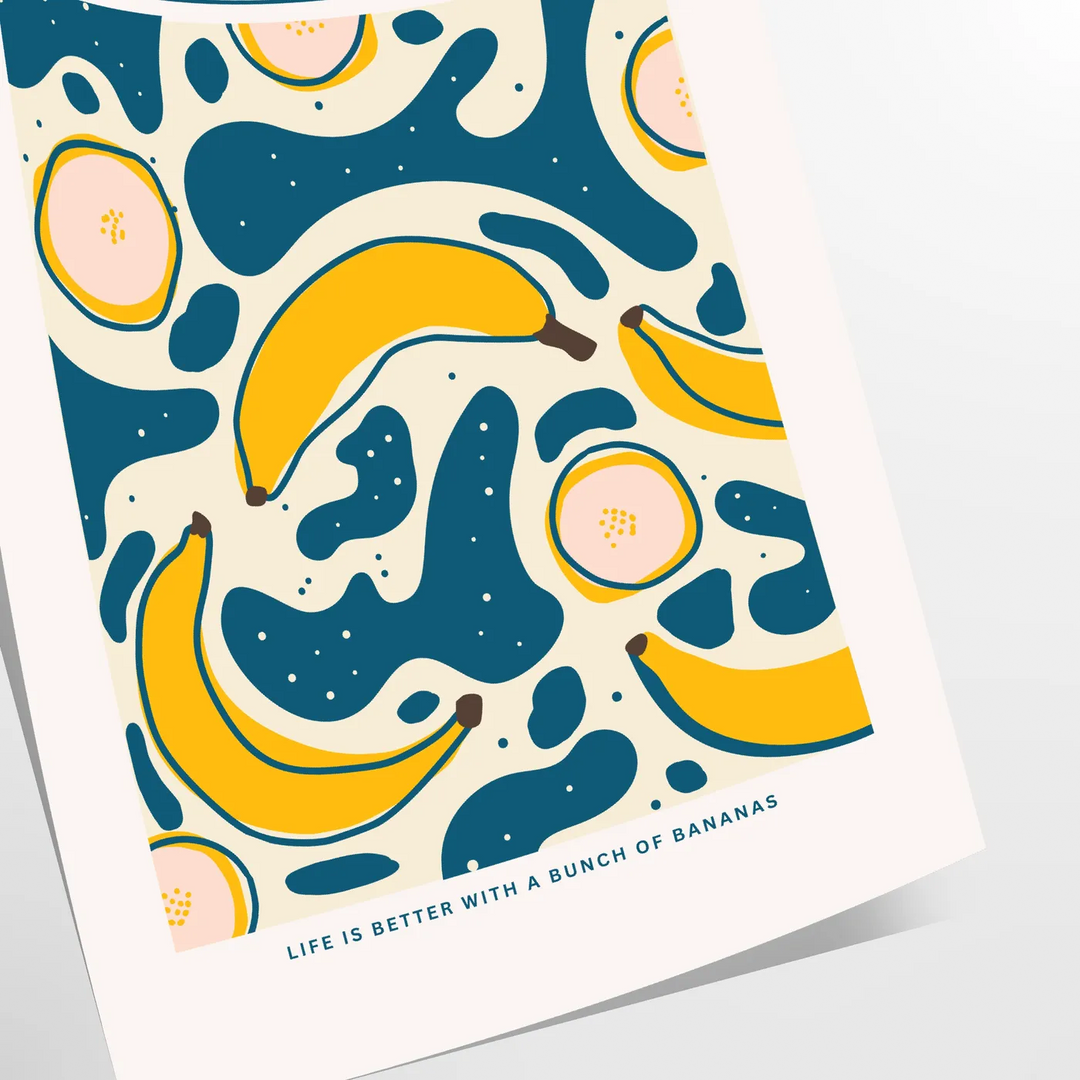 Gray and orange minimalist banana kitchen art poster, modern playful design