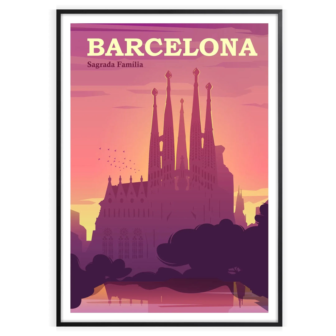 Abstract watercolor depiction of Barcelona's cityscape in red and purple hues