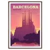 Abstract watercolor depiction of Barcelona's cityscape in red and purple hues - in a walnut frame