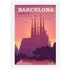 Abstract watercolor depiction of Barcelona's cityscape in red and purple hues - in a white frame