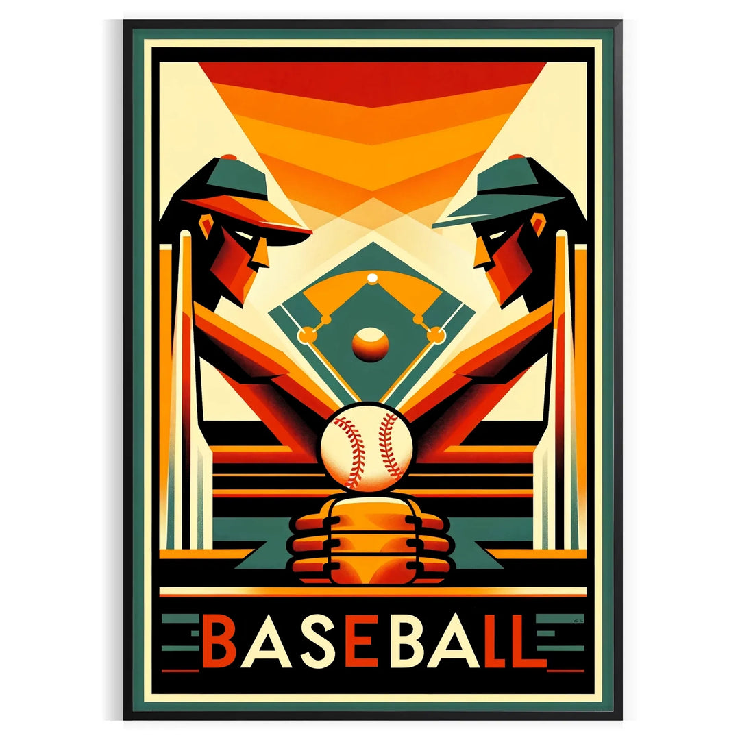 Poster showing dynamic baseball player silhouette in vintage graphic style