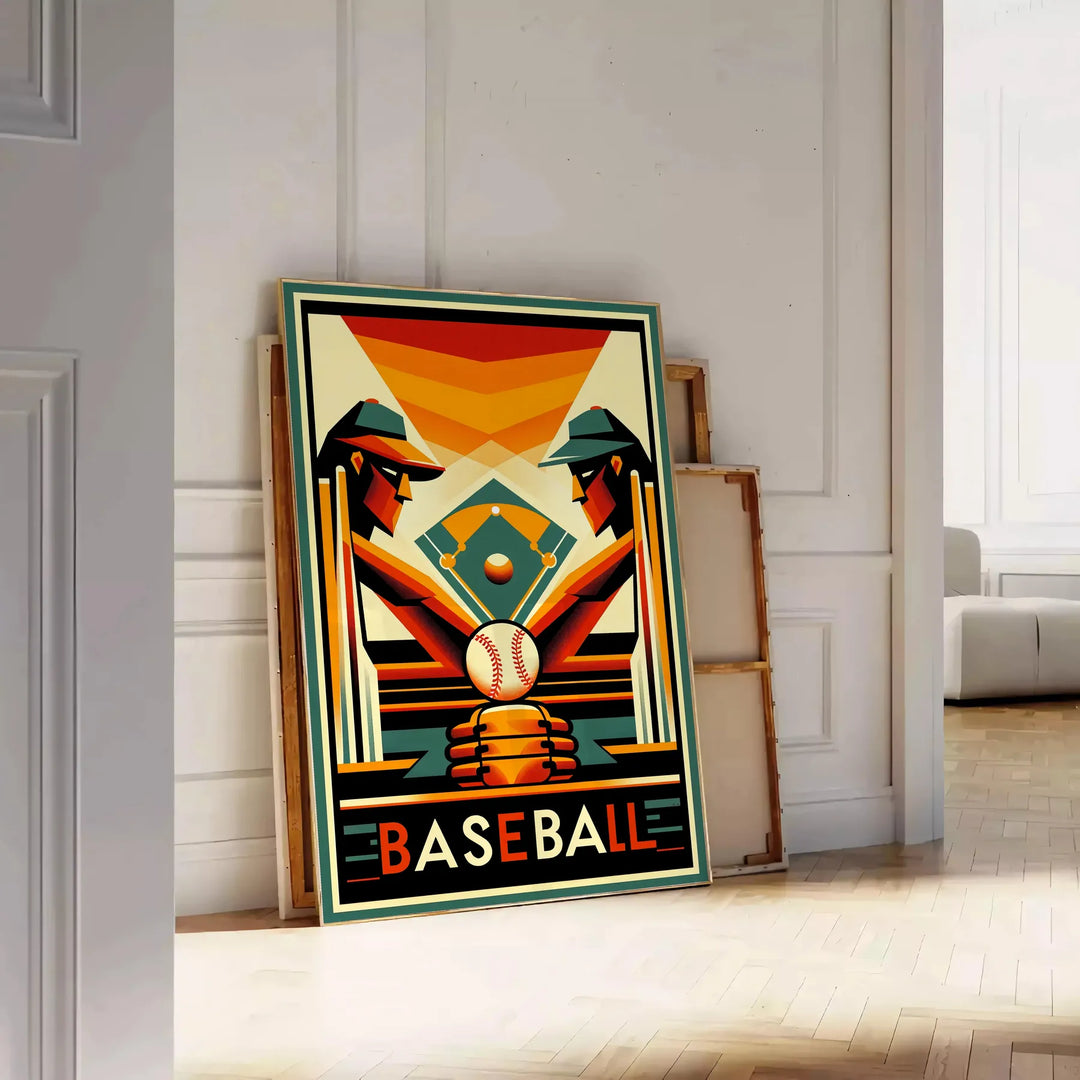 Poster showing dynamic baseball player silhouette in vintage graphic style - leaning on a herringbone floor against a white panelled wall