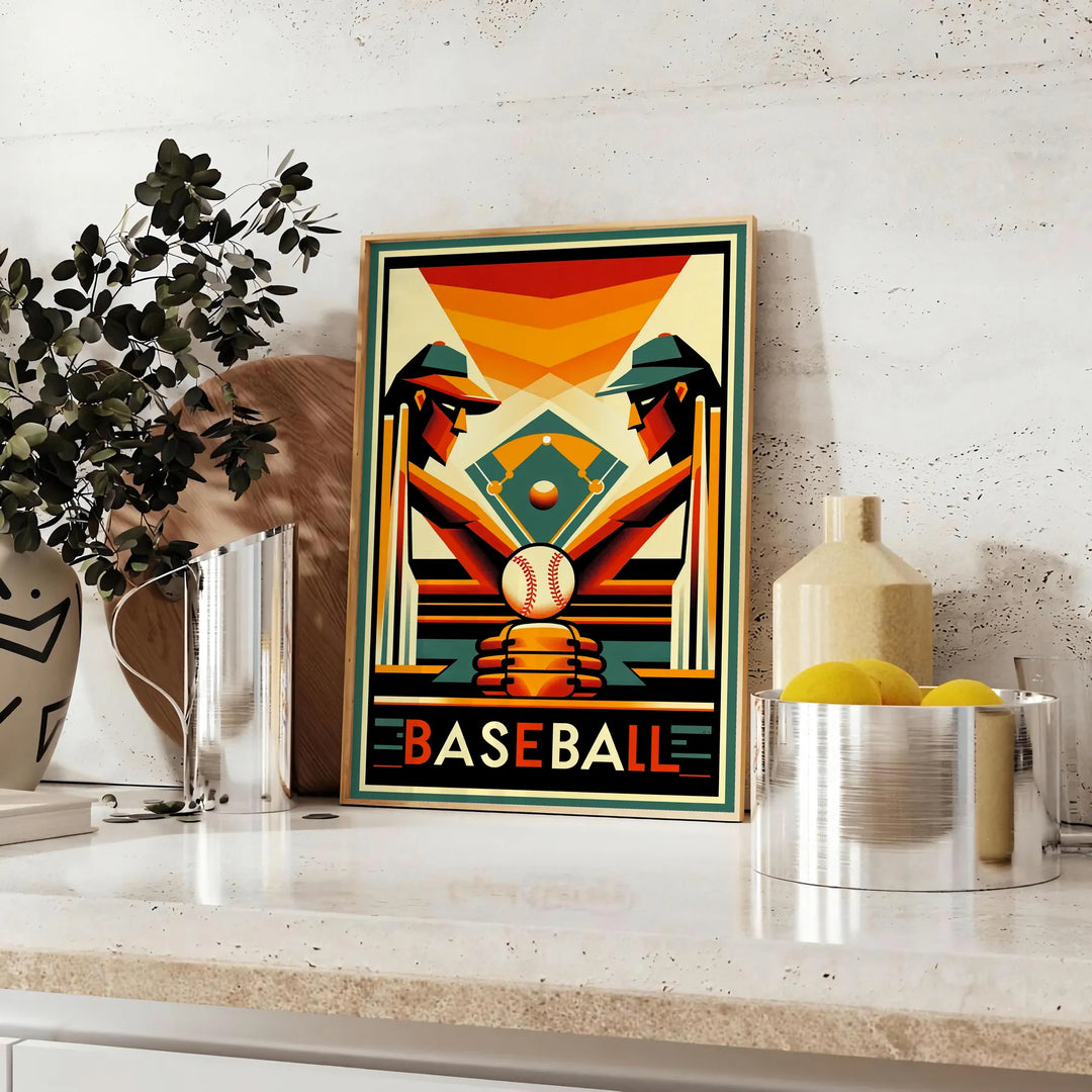 Poster showing dynamic baseball player silhouette in vintage graphic style - styled on a counter with eucalyptus and a bowl of lemons