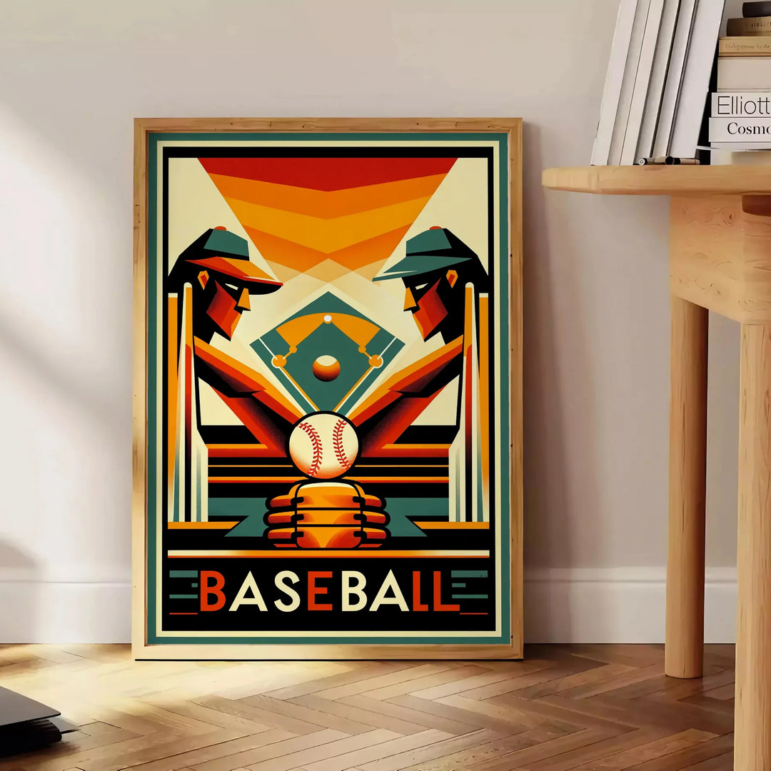 Poster showing dynamic baseball player silhouette in vintage graphic style - beside a round wooden side table with books