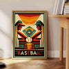 Poster showing dynamic baseball player silhouette in vintage graphic style - beside a round wooden side table with books