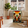 Poster showing dynamic baseball player silhouette in vintage graphic style - in a Parisian living room with a sofa and a fig plant