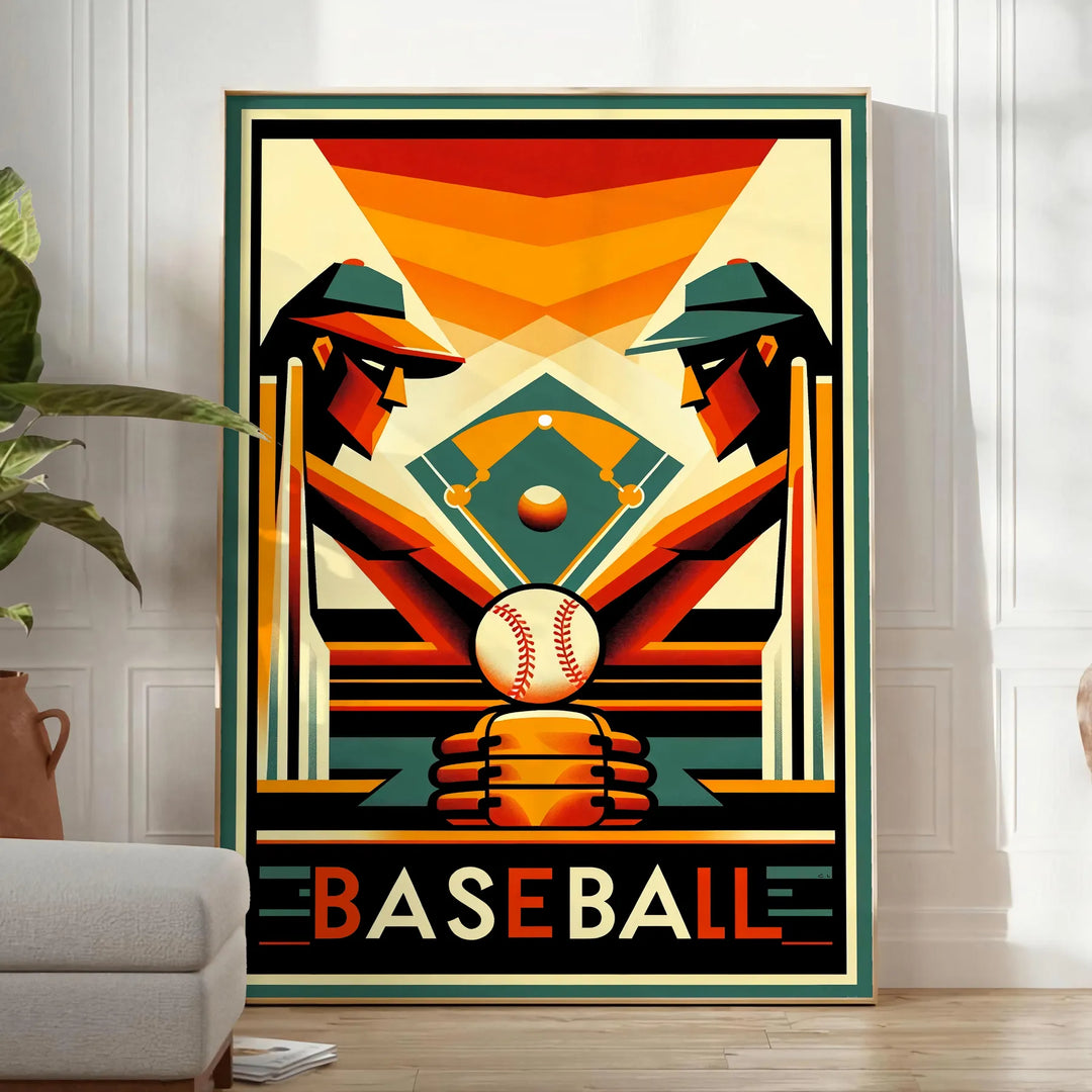 Poster showing dynamic baseball player silhouette in vintage graphic style - in a bright minimalist room with a plant and an armchair