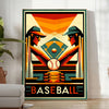 Poster showing dynamic baseball player silhouette in vintage graphic style - in a bright minimalist room with a plant and an armchair