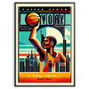 Bold graphic poster featuring a black and red basketball design with New York elements - in a black frame
