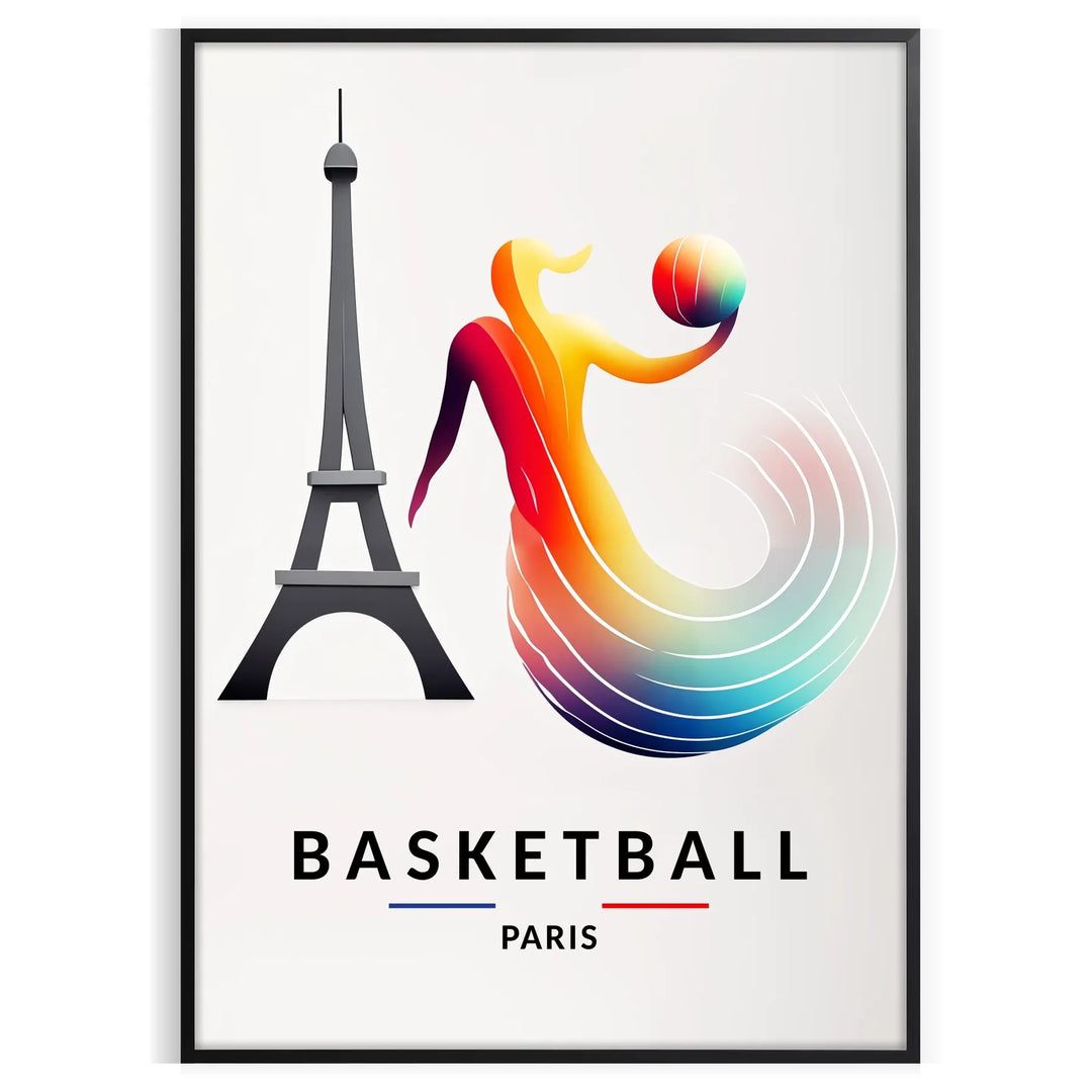 Poster showing basketball player and Paris skyline in bold graphic style