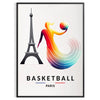 Poster showing basketball player and Paris skyline in bold graphic style - in a black frame