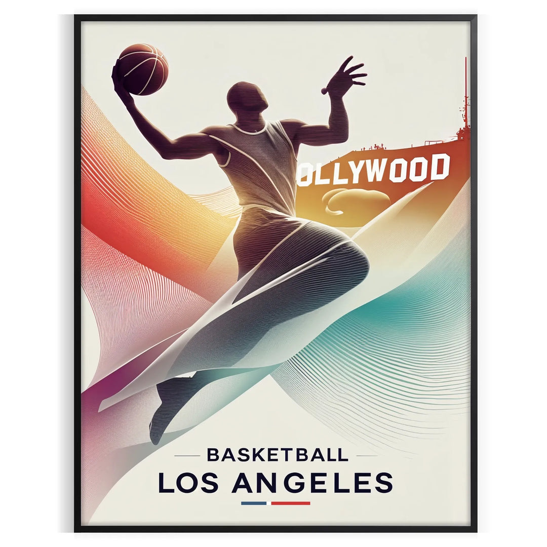 Retro illustration of basketball players during the 1984 Los Angeles Olympics