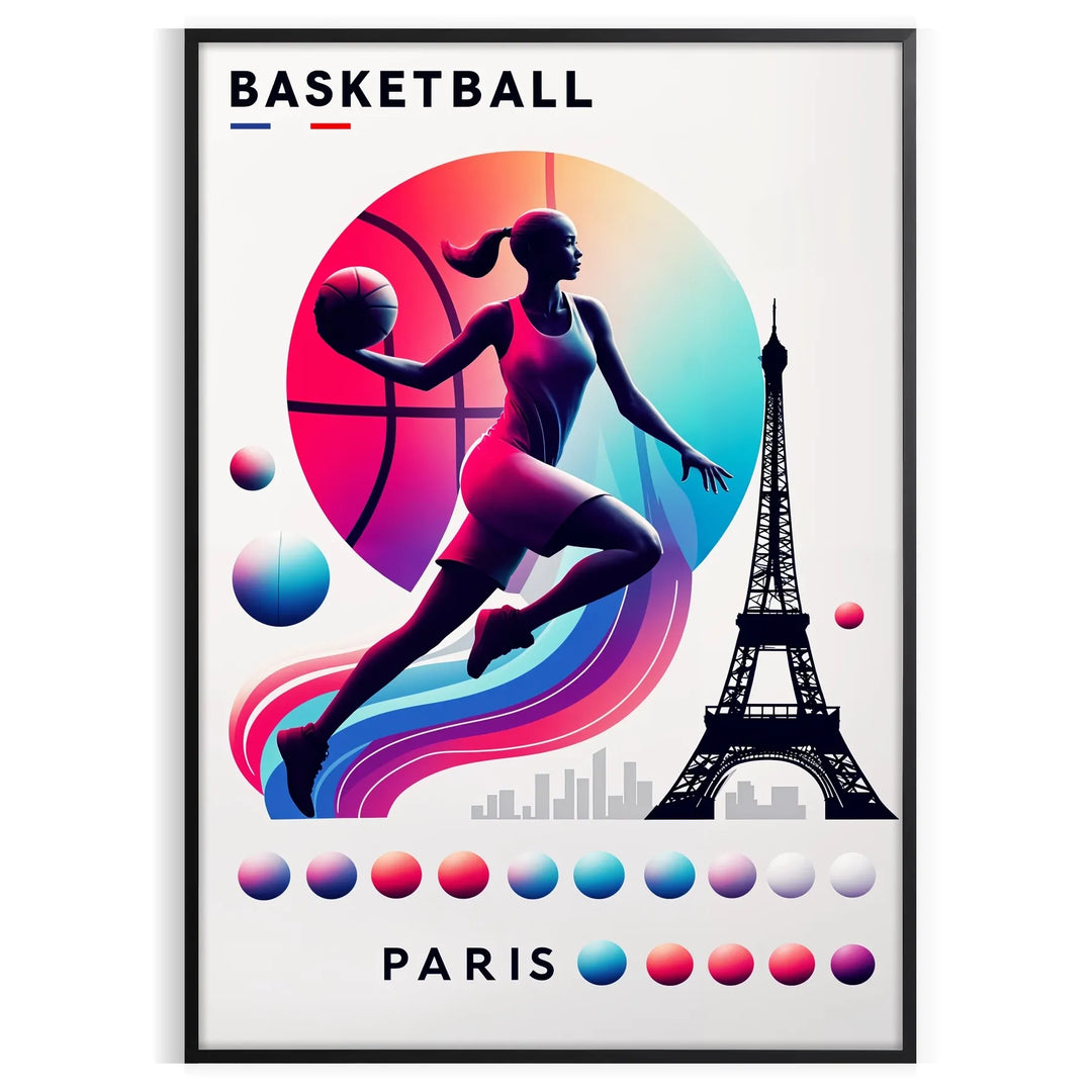 Poster showing stylized Paris basketball scene, dynamic graphic sports artwork