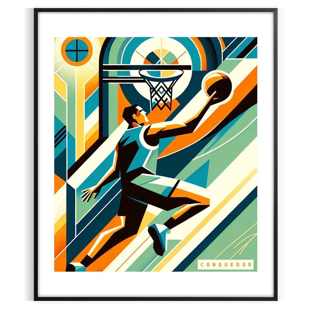 Art Deco style basketball illustration with retro colors and geometric shapes