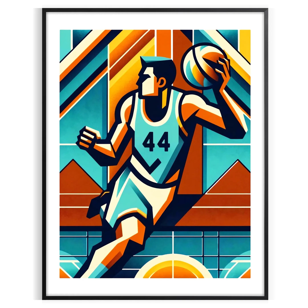 Retro basketball poster featuring stylized illustration, vintage sports art for wall