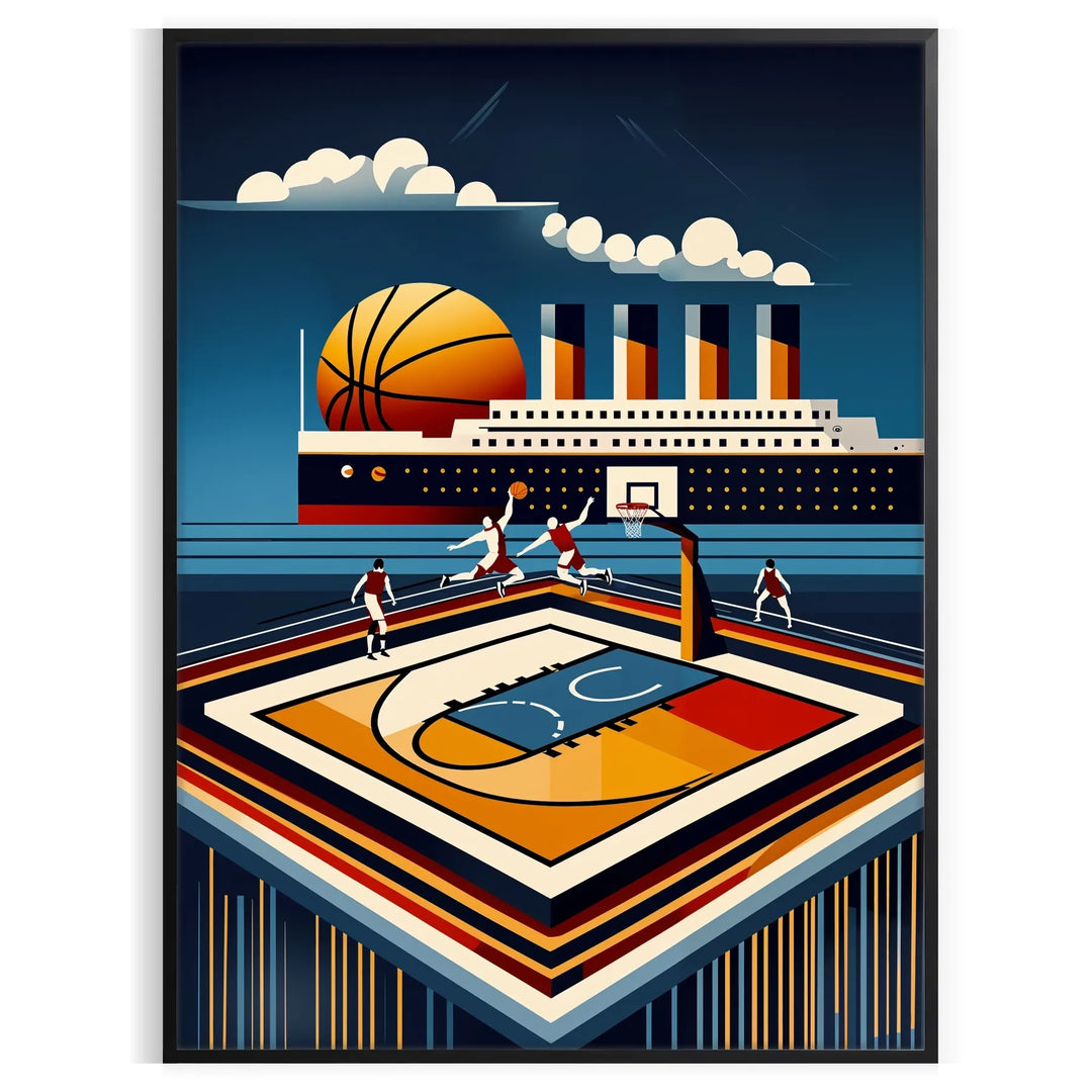 Poster showing Titanic-themed vintage Art Deco illustration with basketball motif