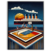 Poster showing Titanic-themed vintage Art Deco illustration with basketball motif - in a black frame