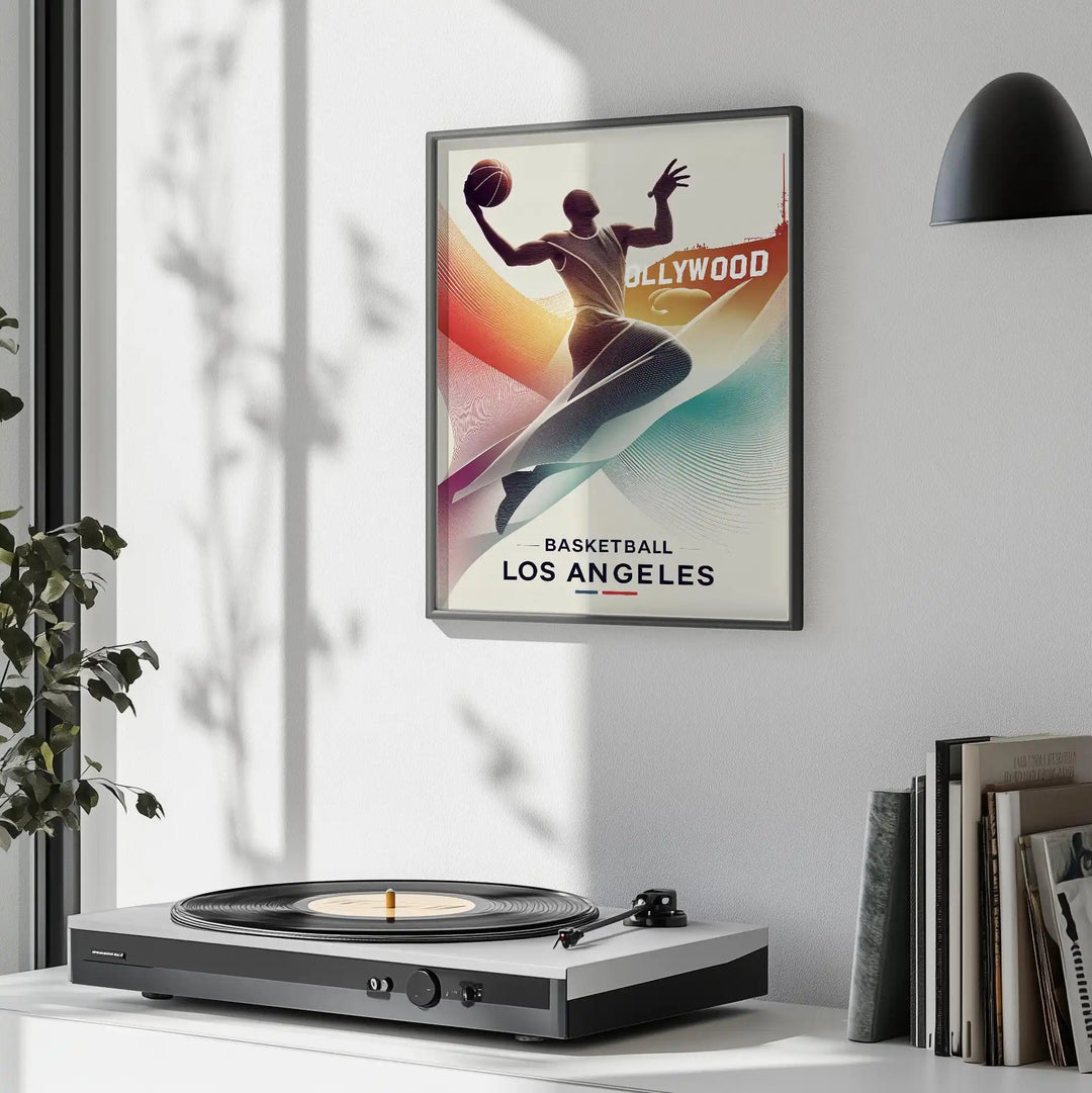Retro illustration of basketball players during the 1984 Los Angeles Olympics