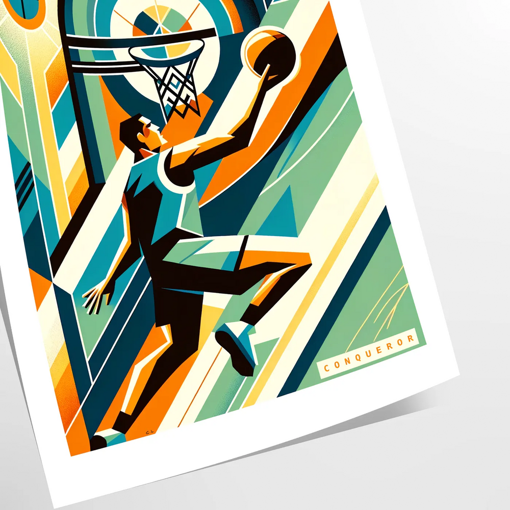Art Deco style basketball illustration with retro colors and geometric shapes