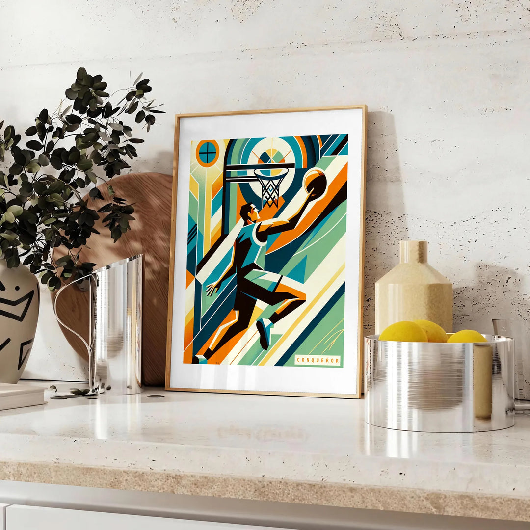 Art Deco style basketball illustration with retro colors and geometric shapes - styled on a counter with eucalyptus and a bowl of lemons