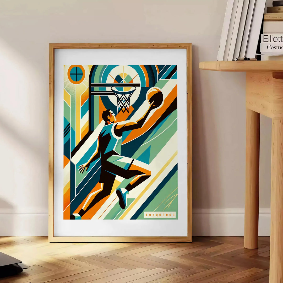 Art Deco style basketball illustration with retro colors and geometric shapes - beside a round wooden side table with books
