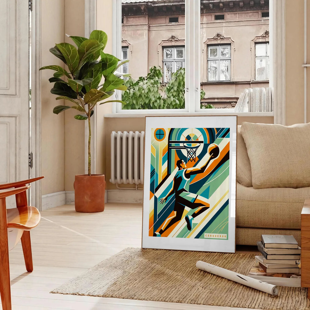 Art Deco style basketball illustration with retro colors and geometric shapes - in a Parisian living room with a sofa and a fig plant