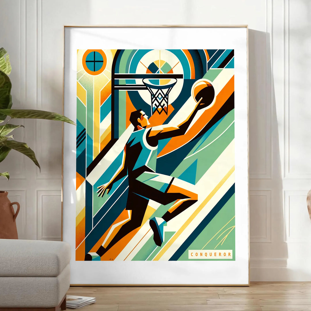 Art Deco style basketball illustration with retro colors and geometric shapes - in a bright minimalist room with a plant and an armchair