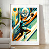 Art Deco style basketball illustration with retro colors and geometric shapes - in a bright minimalist room with a plant and an armchair