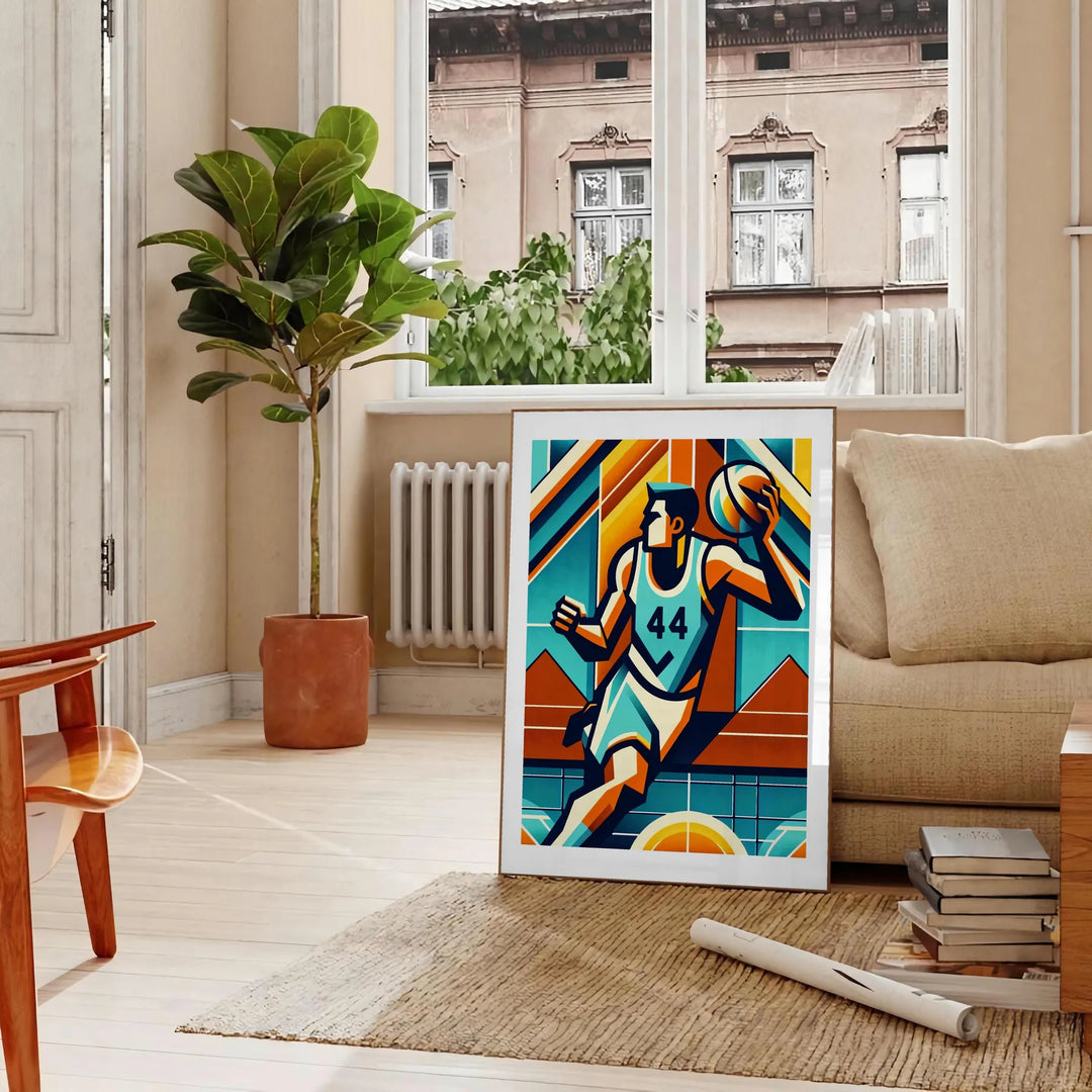 Retro basketball poster featuring stylized illustration, vintage sports art for wall - in a Parisian living room with a sofa and a fig plant