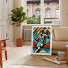 Retro basketball poster featuring stylized illustration, vintage sports art for wall - in a Parisian living room with a sofa and a fig plant