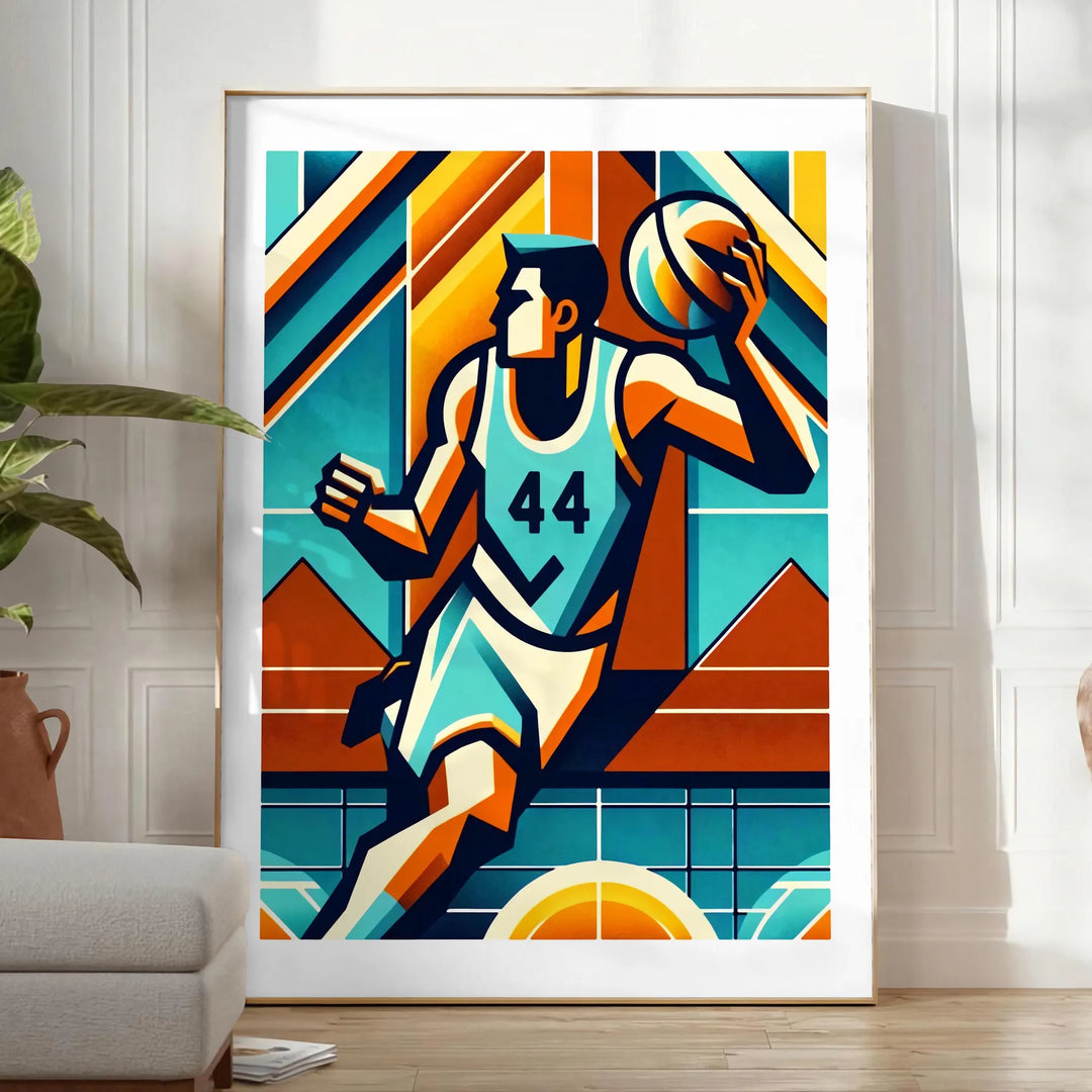 Retro basketball poster featuring stylized illustration, vintage sports art for wall - in a bright minimalist room with a plant and an armchair