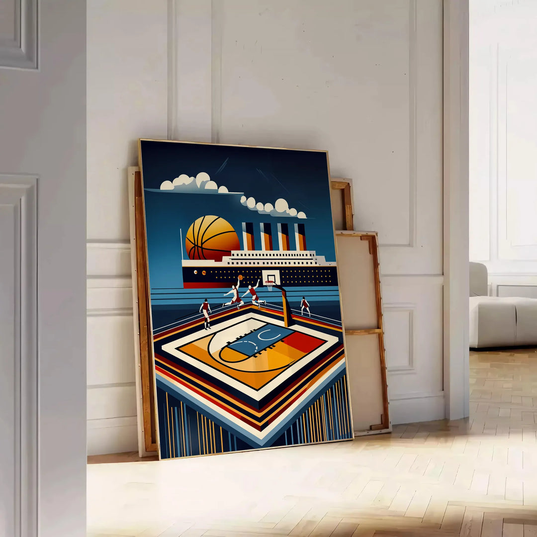 Poster showing Titanic-themed vintage Art Deco illustration with basketball motif - leaning on a herringbone floor against a white panelled wall