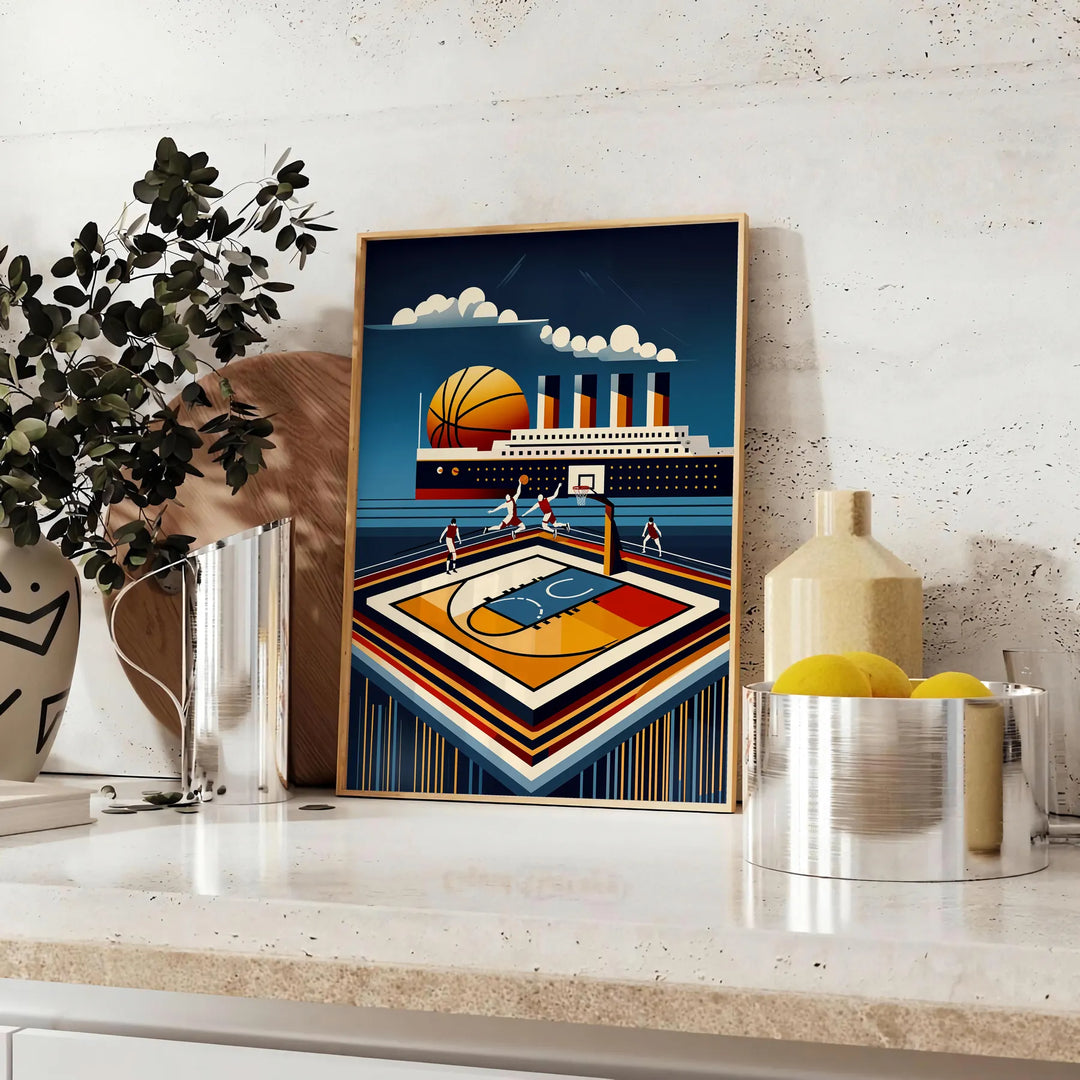 Poster showing Titanic-themed vintage Art Deco illustration with basketball motif - styled on a counter with eucalyptus and a bowl of lemons