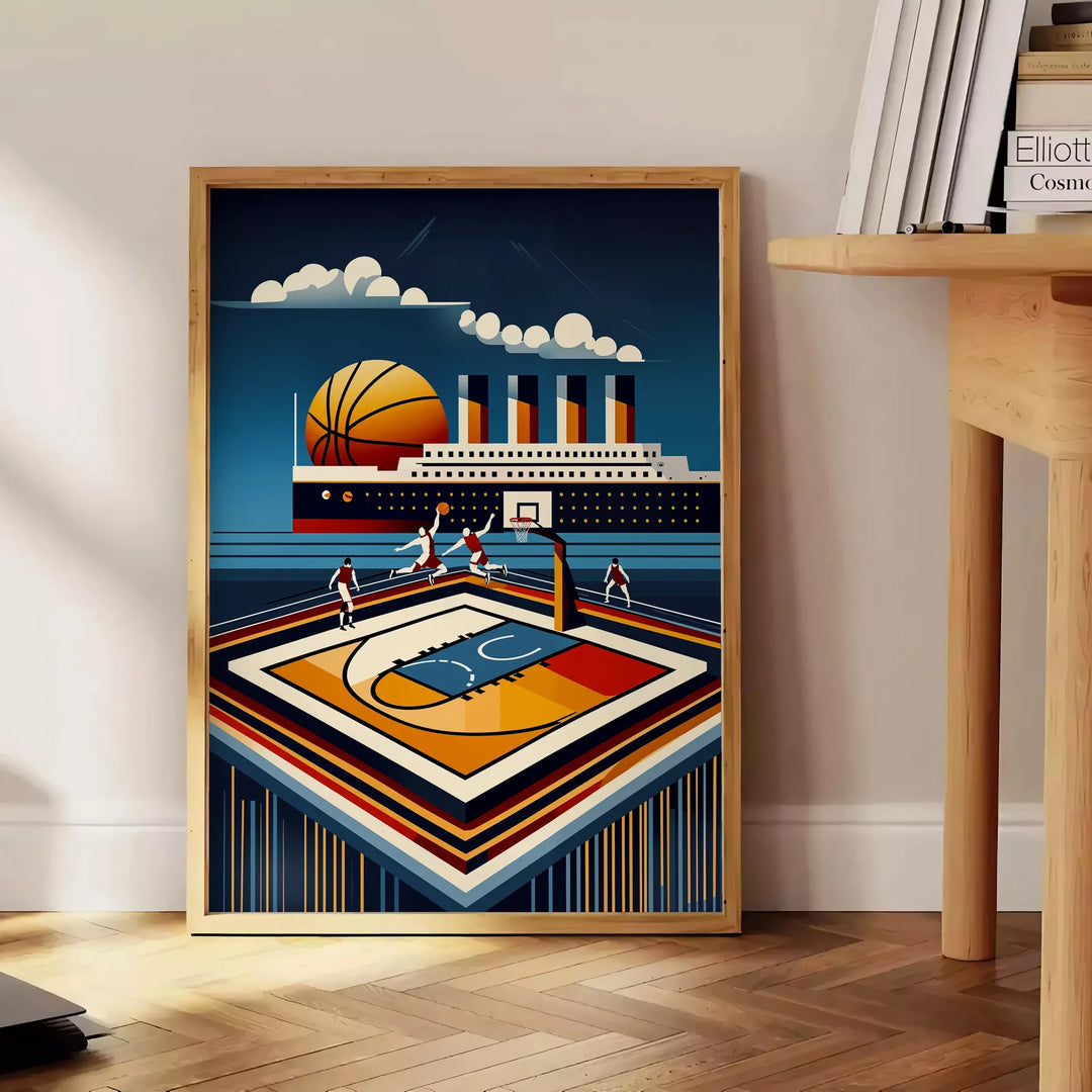 Poster showing Titanic-themed vintage Art Deco illustration with basketball motif - beside a round wooden side table with books