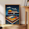 Poster showing Titanic-themed vintage Art Deco illustration with basketball motif - beside a round wooden side table with books