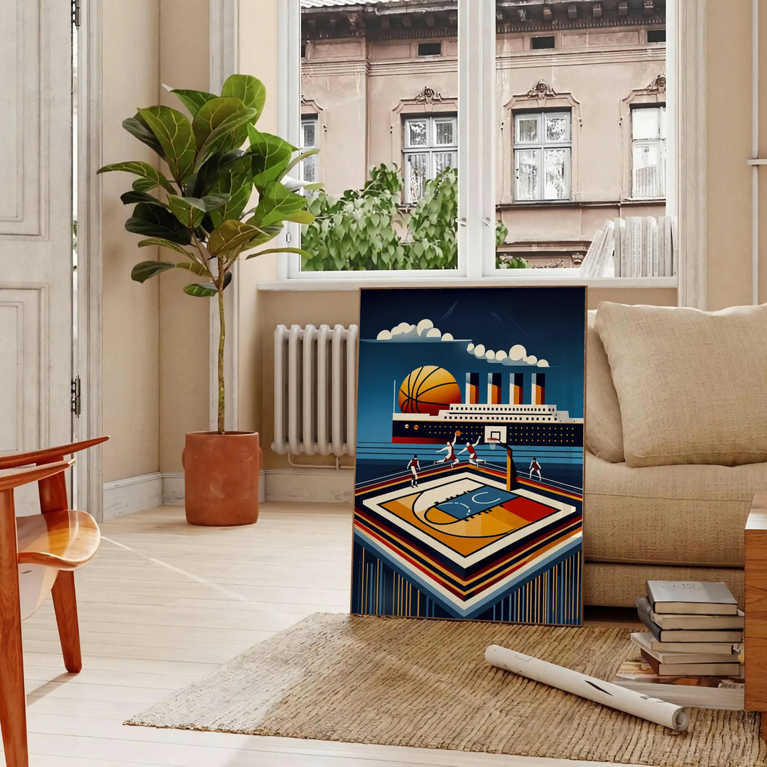 Poster showing Titanic-themed vintage Art Deco illustration with basketball motif - in a Parisian living room with a sofa and a fig plant