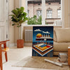 Poster showing Titanic-themed vintage Art Deco illustration with basketball motif - in a Parisian living room with a sofa and a fig plant
